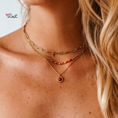 Collier multirangs chainons dorées & pendentif Jaspe rouge
