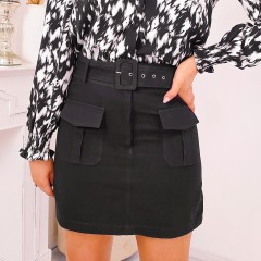 Jupe coton double poches & ceinture noir