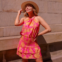 Robe top fluide & jupe smockey rose fleurie orange