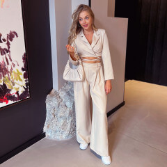 Ensemble tailleur top blazer & pantalon loose beige